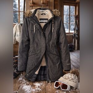 Eddie Bauer Dark Grey Parka Jacket Faux Fur Hood Sherpa Lined Size S